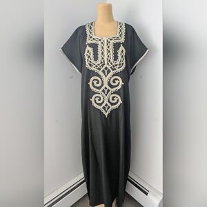 Elegant Black Kaftan Maxi with Ivory Embroidered Front Lightweight Cotton Fabric